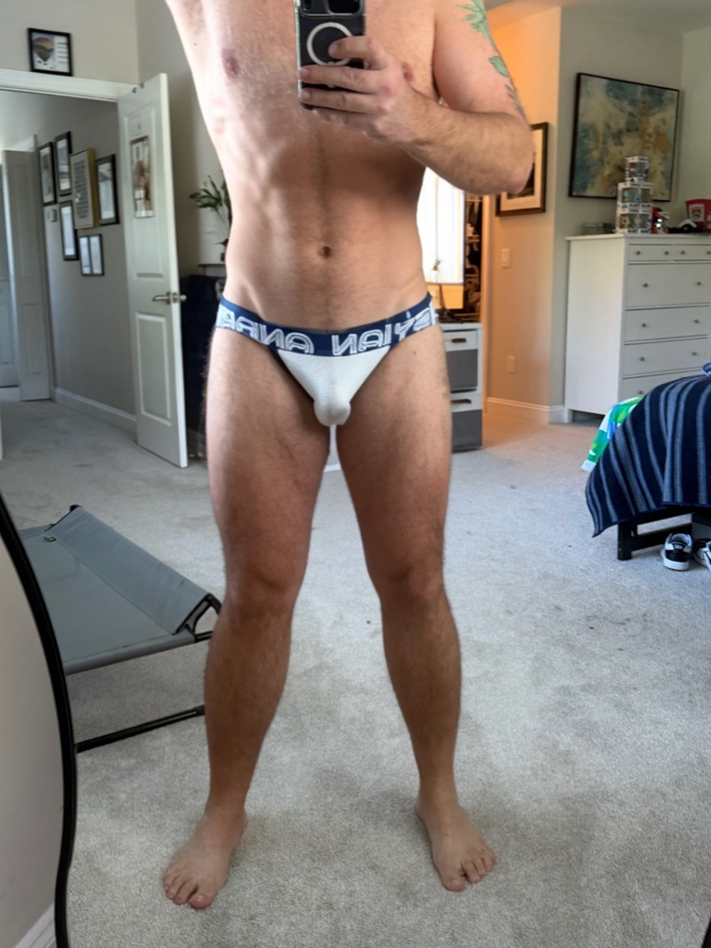 Men's Andrew Christian White Mesh Jockstrap with Navy Waistband XL